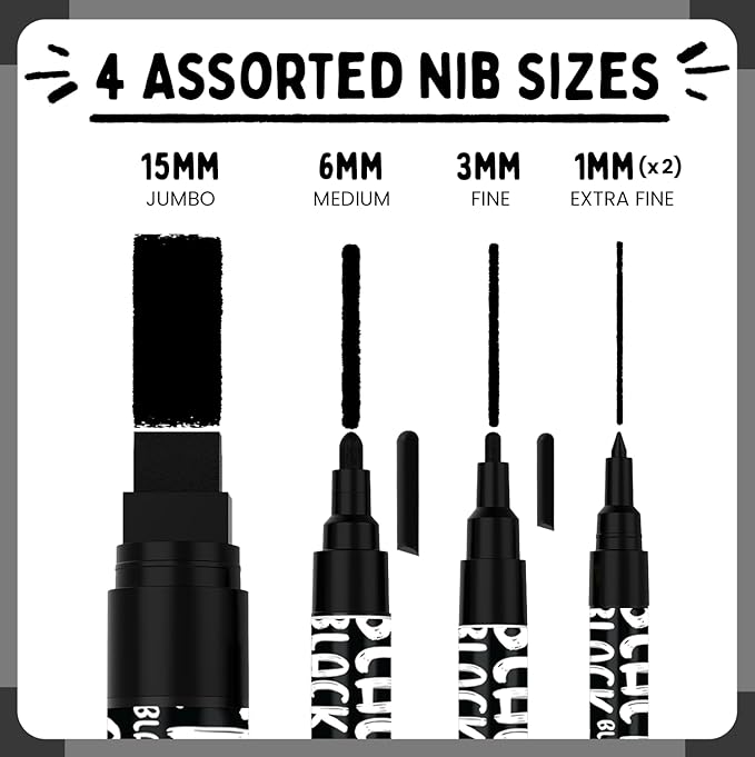 Chalkola 5 Black Liquid Chalk Markers for Blackboard, Chalkboard Signs, Car Windows, Glass - Washable Black Dry Erase Markers | Variety Pack - Fine & Jumbo Size Chalk Pen (1mm, 3mm, 6mm, 15mm)