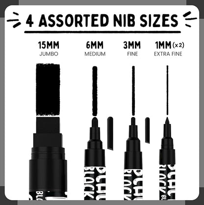 Chalkola 5 Black Liquid Chalk Markers for Blackboard, Chalkboard Signs, Car Windows, Glass - Washable Black Dry Erase Markers | Variety Pack - Fine & Jumbo Size Chalk Pen (1mm, 3mm, 6mm, 15mm)
