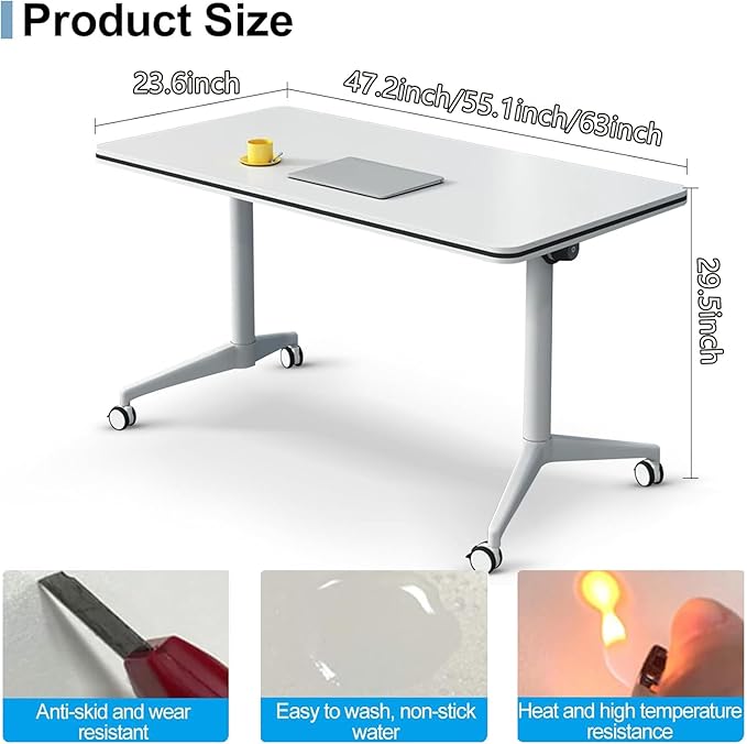Conference Table, Folding Conference Room Tables on Wheels, Modern Meeting Seminar Table Computer Desk, Boardroom Desk for Office Meeting Conference Room,White,2 Pack 63inch