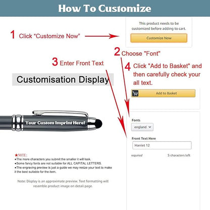 Ancolo Personalized Fancy Pens with Stylus Tip for Touch Screen Phones Office Writing Set- Engraved with Your Message Name Company Team Name, Phone Number Gift for Business Men 10 Pens/Box