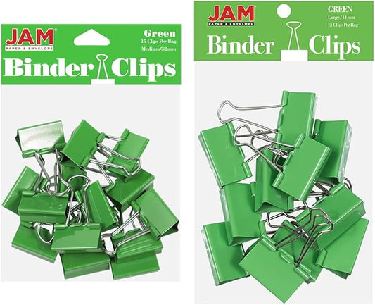 JAM PAPER Colorful Binder Clips Assortment - Medium & Large Size - Green Binderclips - 27 Clips/Pack