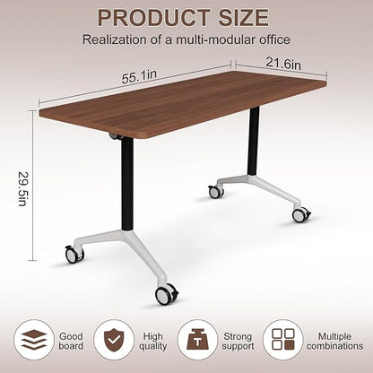 Conference Table Folding Conference Room Tables, Modern Mobile Meeting Training Table with Silent Wheels, Foldable Seminar Table for Offices, Classrooms, Libraries (6, walnut2, 55.1in)