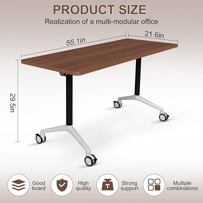 Conference Table Folding Conference Room Tables, Modern Mobile Meeting Training Table with Silent Wheels, Foldable Seminar Table for Offices, Classrooms, Libraries (10, walnut2, 55.1in)