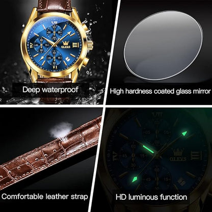 OLEVS Men's Chronograph Leather Watch, Big Face Easy to Read Analog Quartz Dress Watch, Casual Waterproof Luminous Hands Date Watches for Men, White/Blue/Black/Gold Dial