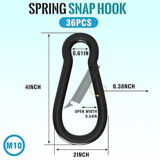 36PCS M10 Spring Snap Hook Carabiner, 4 Inch Carabiner Clips, 3/8" Black Heavy Duty Steel Spring Clip, Quick Link Key Chain for Swing Hammock Gym Outdoor, 770LBS Holding Capacity