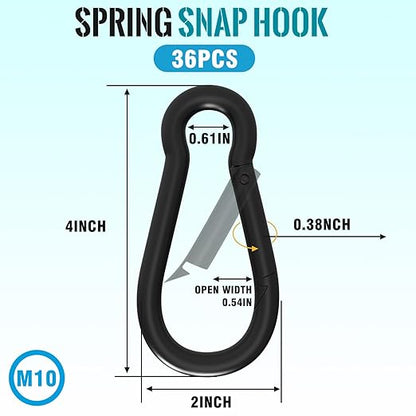 36PCS M10 Spring Snap Hook Carabiner, 4 Inch Carabiner Clips, 3/8" Black Heavy Duty Steel Spring Clip, Quick Link Key Chain for Swing Hammock Gym Outdoor, 770LBS Holding Capacity