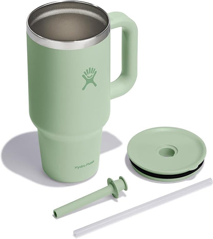 Hydro Flask Travel Tumbler with Handle, Lid and Straw - Insulated Stainless Steel in 32 Oz Aloe Green