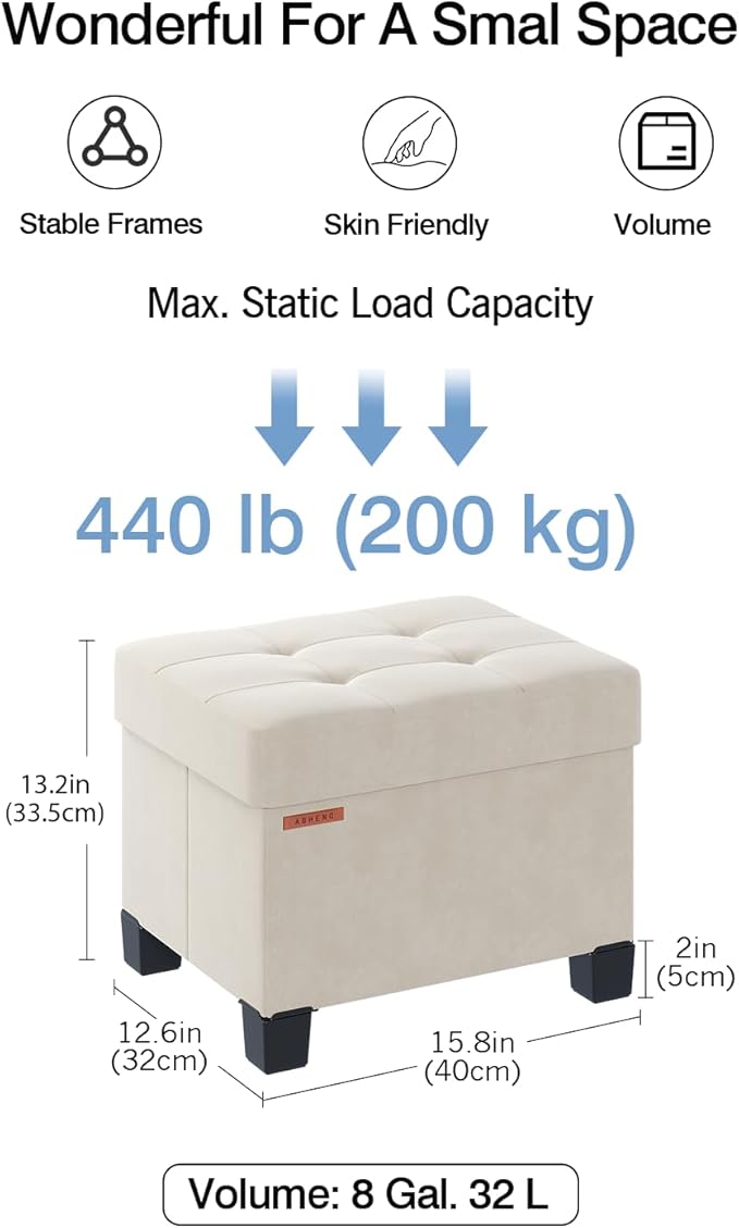 Cube Storage Ottoman, Velvet Foot Stool with Feet, Folding Storage Bench, End of Bed Bench, Storage Chest, for Living Room, Bedroom, 12.6 x 15.8 x 13.2 Inches, Cream White, ASND21W