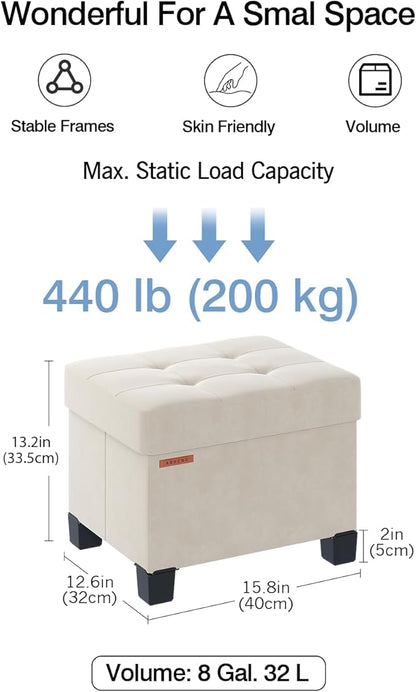 Cube Storage Ottoman, Velvet Foot Stool with Feet, Folding Storage Bench, End of Bed Bench, Storage Chest, for Living Room, Bedroom, 12.6 x 15.8 x 13.2 Inches, Cream White, ASND21W