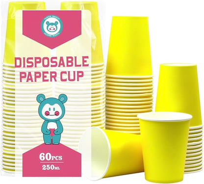 Disposable Paper Cups,60pcs Yellow Paper Cups For DIY Wedding Party Picnic BBQ Travel and Event 8OZ (Yellow)