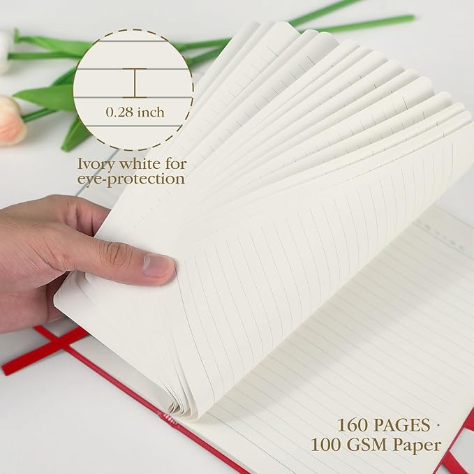 A5 Lined Journal Notebook - 100 GSM Thick Paper, Hardcover Journaling Notebook for Writing, Work, Travel, School, College Ruled Journal for Women and Men, PU Leather Note Book, 5.5”x8.3”- Red