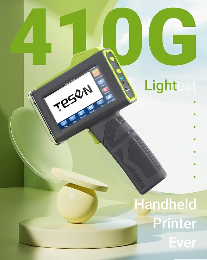TESEN 2025 New Upgrade Handheld Inkjet Printer with 1/2 Inch (12.7mm) Printhead for Date Time Logo Batch Number QR Code Barcode Quick Drying Printing on Plastic Wood Carboard Metal Glass and More