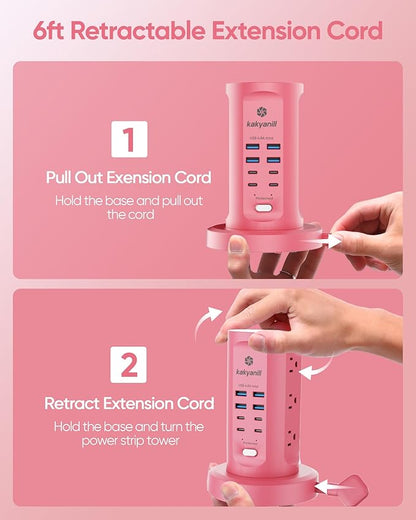 Power Strip Tower, kakyanill Surge Protector Tower 9 AC Outlets 8 USB (4 USB C), 6 Ft Retractable Extension Cord, Charging Station for Office Dorm Room, Pink