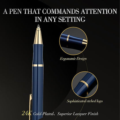 Blue Gel Pen With 24K Gold Finish, Fine lacquer work, Fancy Gift Set for Men & Women, Black Refill, Ideal Office Supplies, Professional, Writing, Executive,Office, Nice Retractable Pens