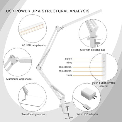 Swing Arm Desk Lamp with Base, 80 LED Beads, 5 Color Modes & 11 Brightness Levels, 360° Adjustable Arm, Eye-Caring Light CRI95, Timer & Memory Function, for Office, Study, Crafting