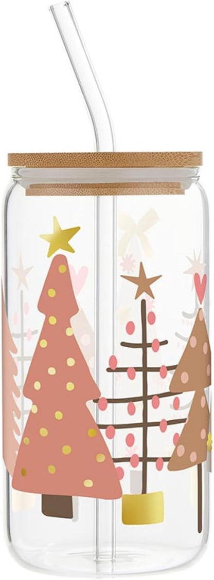 Santa Barbara Design Studio Blush Collection Holiday Cold Brew Glass Travel Tumbler Cup with Bamboo Lid and Glass Straw, 16 Fluid Ounces, Trees