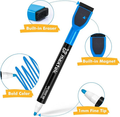 maxtek 24 Count Magnetic Dry Erase Markers, Fine Tip, 6 Colors Whiteboard Markers with Built-in Eraser, Low Odor Thin Markers