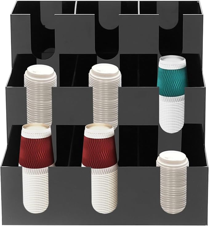 Acrylic 9-Slot Cup Dispenser Organizer, 13x13x12 Inch Black Coffee Cup Holder for Countertop, Fits 3.54-3.94 Inch Diameter Disposable Cups, for Kitchen, Office, Bar, Coffee Station