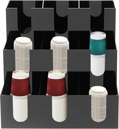 Acrylic 9-Slot Cup Dispenser Organizer, 13x13x12 Inch Black Coffee Cup Holder for Countertop, Fits 3.54-3.94 Inch Diameter Disposable Cups, for Kitchen, Office, Bar, Coffee Station