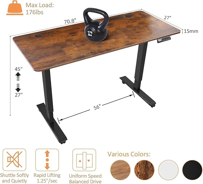 Electric Standing Desk 71 x 27 Inches Adjustable Height Sit Stand Up Desk for Home Office Computer Workstation with 2 USB Ports 3 AC Power Outlets Memory Preset and Wheels,Brown