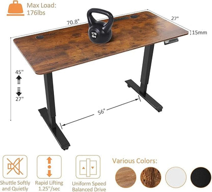 Electric Standing Desk 71 x 27 Inches Adjustable Height Sit Stand Up Desk for Home Office Computer Workstation with 2 USB Ports 3 AC Power Outlets Memory Preset and Wheels,Brown