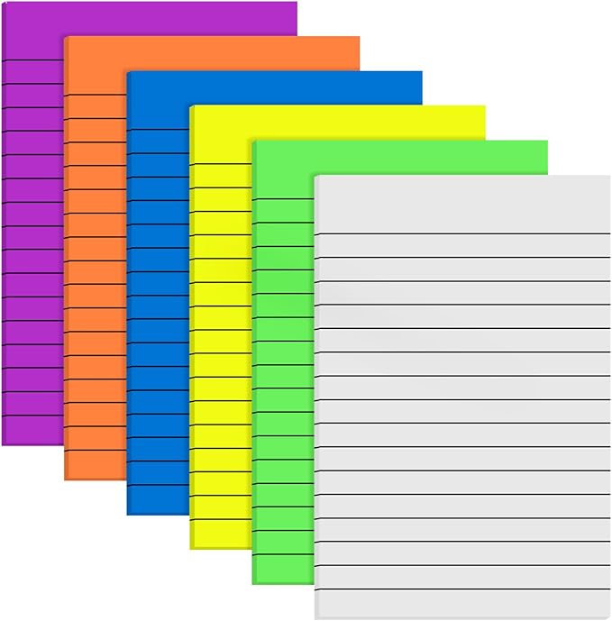 Yinder 6 Pack 180 Sheets Pastel Transparent Sticky Notes Translucent Clear Lined Self Sticky Note, Back to School Gifts for Bible Tabs, Book Tabs, School Supplies, Office, 4 x 6 Inch(Bright Color)