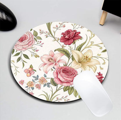 Floral Array with Roses and Lilies Mouse Pad Round Non-Slip Rubber Mousepad Laptop Office Computer Decor Cute Desk Accessories Customized Design Mouse Pad