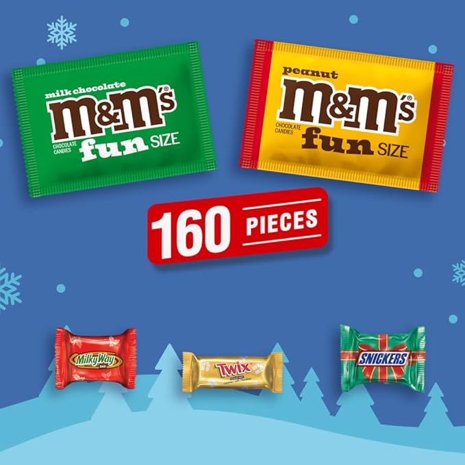 M&M'S Milk Chocolate, M&M'S Peanut, SNICKERS, TWIX, & MILKY WAY Fun Size and Mini Chocolate Christmas Candy Individually Wrapped Stock Stuffers Holiday Variety Pack, 160 Piece Bulk Bag (Pack of 2)