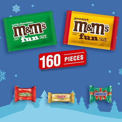 M&M'S Milk Chocolate, M&M'S Peanut, SNICKERS, TWIX, & MILKY WAY Fun Size and Mini Chocolate Christmas Candy Individually Wrapped Stock Stuffers Holiday Variety Pack, 160 Piece Bulk Bag (Pack of 2)
