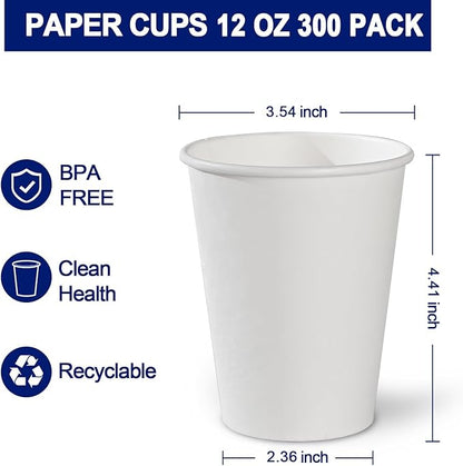 300 Count - 12 oz Paper Coffee Cups, Disposable Coffee Cups 12 oz, Thickened White Paper Cups for Hot or Cold Beverage, Home, Office, Party, Business, Events
