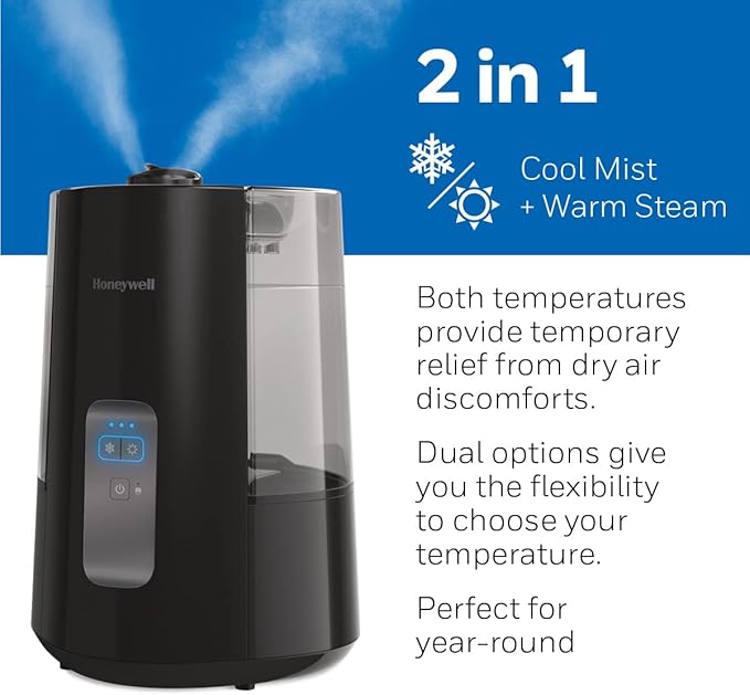 Honeywell Dual Comfort Cool + Warm Mist humidifier. Humidifier for Bedroom, Office, Living Room and Home. Provides Temporary Relief from Dry air discomforts - Black, HWC775B