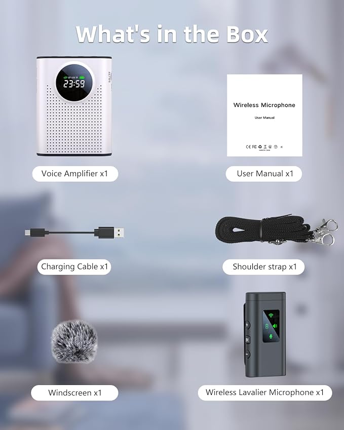 Rechargeable Voice Amplifier Wireless Microphone for Teachers Classroom, Mini Lavalier Lapel Mic Clip Magnetic, Portable Bluetooth Speaker with LED Display for Class, Tour Guide, Coaches, White