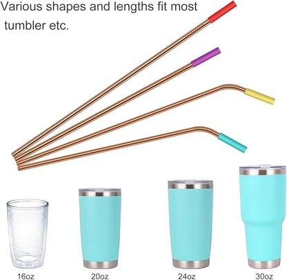 20 Pcs Rose Gold Reusable Stainless Steel Straws,10.5" & 8.5" Reusable Drinking Straws with 20 Silicone Tips 5 Straw Brushes 1 Travel Case,Eco Friendly Extra Long Metal Straw for 20 24 30 oz Tumbler