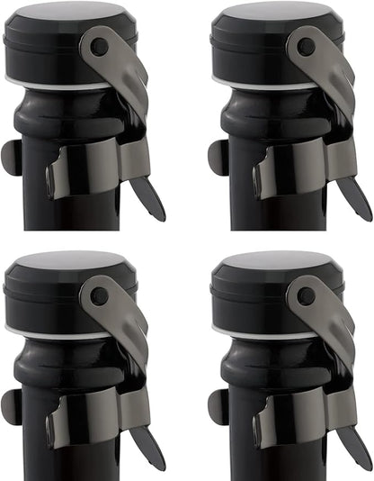 WOTOR Champagne&Wine Bottle Stoppers Stainless Steel with Food Grade Silicone, Leak Proof Keep Fresh Reusable Saver, Cork Suitable for Wine, Champagne, Cava, Prosecco and Sparkling (4 Pack Black）