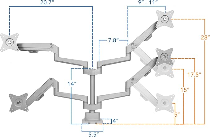 Mount-It! Dual Monitor Mount - Monitor Stands for 2 Monitors, Computer Arms on Desk Stand, Gas Spring Height Adjustable Desk Mount in Silver, VESA 75, 100 Fits Screens Up to 32", Silver Color