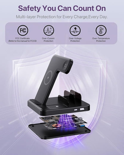 Multiple Devices Charging Station, 5-in-1 Charging Station for iPhone 17 Pro Max/Pro/16/15/14/13/12, iPad Pro/Air/Mini, Apple Watch and Airpods,Wireless Charging Dock(G805) (Black)
