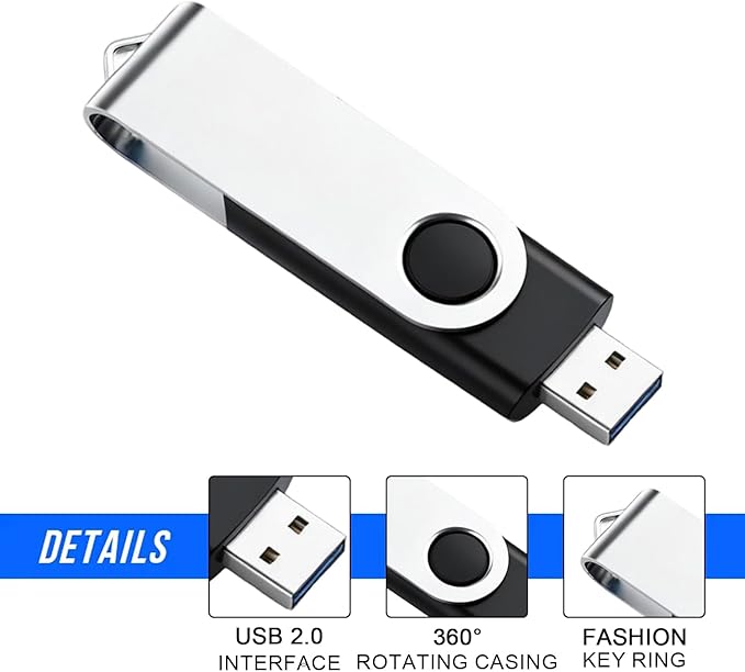 3 Pack 32GB USB Flash Drive with Type C Adapter and Storage Box USB 2.0 High Speed Metal Pen Drive 360° Rotatable Storage Memory Stick for Phone/Pad/PC/Laptop/Android - Black(3-Pack 32GB)