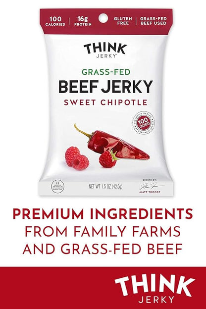 Think Jerky Sweet Chipotle Beef Jerky, Grass-Fed High Protein Beef Jerky, Gluten Free, No Antibiotics or Nitrates, Healthy Chef Crafted Recipe, Low Calorie and Low Fat - 2.2 oz Bags, 4 Pack