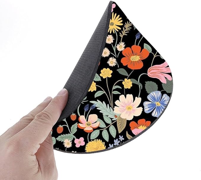 Whimsical Floral Pattern On Black Mouse Pad Round Non-Slip Rubber Mousepad Laptop Office Computer Decor Cute Desk Accessories Customized Design Mouse Pad