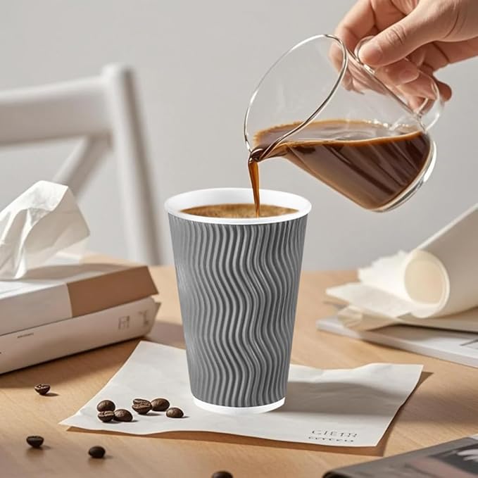 500 Pack 16oz Coffee Cups,Corrugated Insulated Ripple Wall Disposable Paper Coffee Cups 500 Count,Hot Beverages Cup for Office,Party,Home,Travel(Gray)