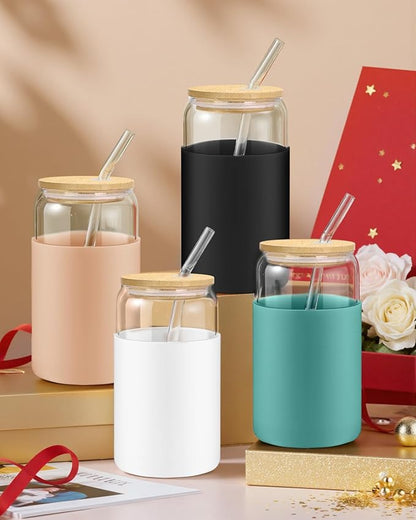 sungwoo Glass Cups with Lids and Straws, 4 Pack 16OZ Iced Coffee Cups with Silicone Sleeve, Glass Tumbler with Straw and Bamboo Lid, Home Essential Drinking Set for Juice, Cocktail and Latte 4 Colors