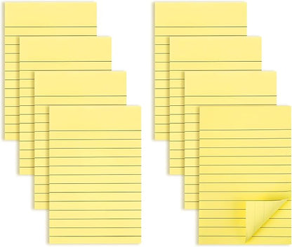 (8 Pads) Agoer Lined Sticky Notes 4x6 in, Light Yellow Self-Stick Notes Pad with Blue Lines, Ruled Sticky Notes for Office, School, Home, 50 Sheets/Pad, 80gsm Paper, Strong Adhesive Memo Pads