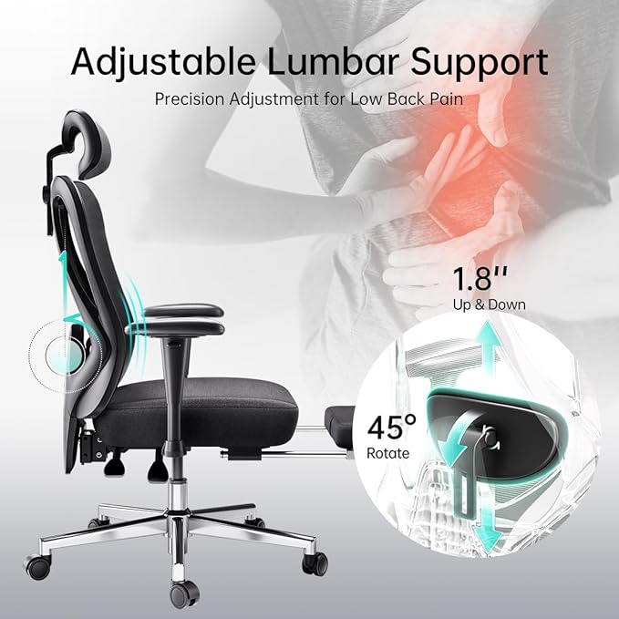 Hbada P3 Ergonnomic Office Chair with 2D Adjustable Lumbar Support, Office Chair with Adjustable Headrest and Armrest, 145° Stepless Tilt Function, Black(with Footrest)