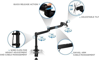 Mount-It! Premium Modular Monitor Desk Mount Arm Stand | Single Tilt Swivel Arm Fits 19 21.5 24 27 32 Inch Computer Screens with 75 100 VESA Patterns | C-Clamp and Grommet Bases | Black
