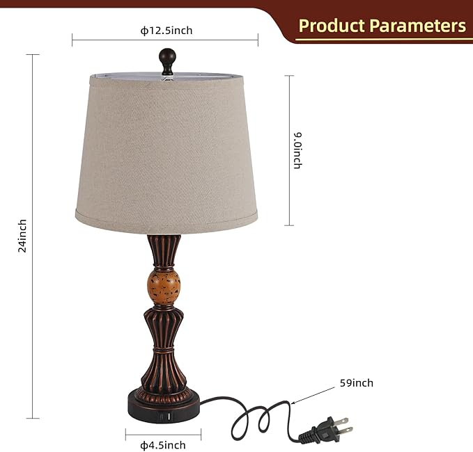 Set of 2 Modern Table Lamps with USB-C & USB Ports, Rotating Knob Switch, Linen Shade + Resin Base (Black Gold/Oil Bronze) (BW)