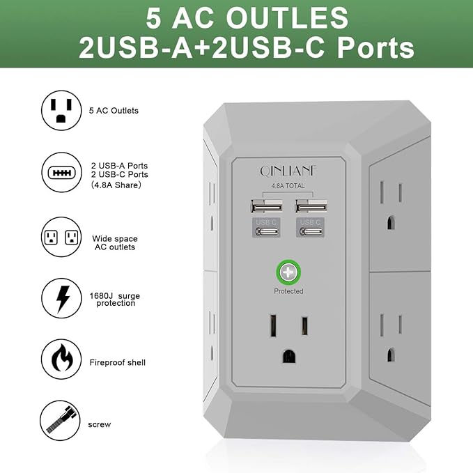 USB Wall Charger, Surge Protector, QINLIANF 5 Outlet Extender with 4 USB Charging Ports(2U2C) 3-Sided 1680J Power Strip Multi Plug Outlets Wall Adapter Spaced for Home Travel Office, Grey
