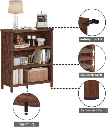 BON AUGURE Rustic Short Bookshelf, 3 Shelf Bookcase, Small Wood Low Book Cases/Shelves, Farmhouse Storage Tier Book Shelves for Home Office, Living Room, Small Space (Rustic Oak)