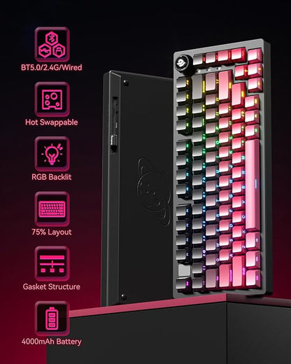 LEOBOG Wireless Mechanical Keyboard,75% Gasket Hot Swappable Custom Keyboard with Knob, 2.4GHz/USB-C/BT5.0 Mechanical Gaming Keyboards for PC/MAC/Windows - Seiya Switch, Black Pink (HI75C Pro)