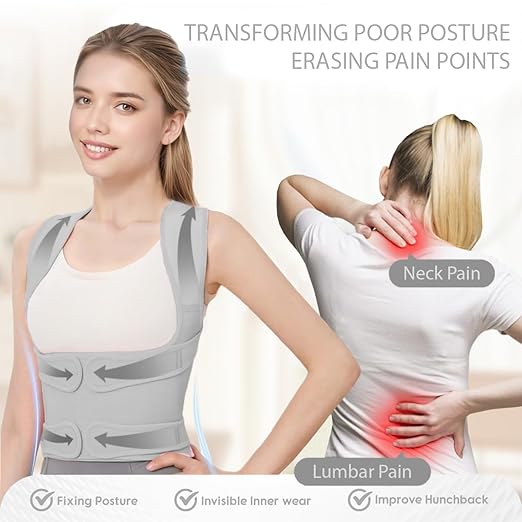 Posture Corrector for Women & Men – Full Back Support Adjustable Back Brace, Shoulder Straightener for Spine Alignment, Upper Back & Back Pain Relief(Grey, Medium)