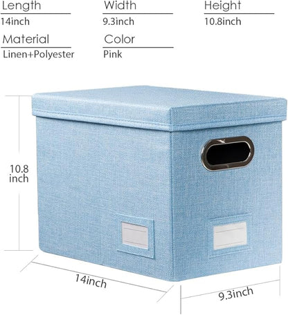 PRANDOM File Organizer Box - Set of 1 Collapsible Decorative Linen Filing Storage Hanging File Folders with Lids Office Cabinet Letter Size Blue (14x9.3x10.8 inch)